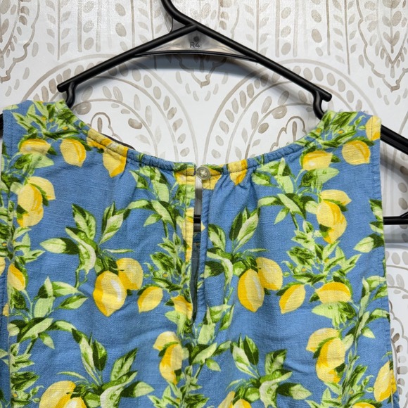 LOFT Lemon Print Tiered Dress Womens Small Blue Yellow Summer Rayon Linen Blend - Picture 4 of 6